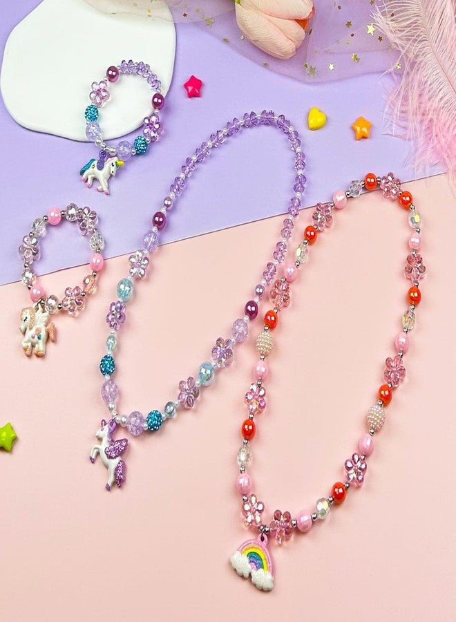 ELEMIRSA 4 Sets Baby Girl Unicorn Necklace Bracelet Set Dress up Princess Pretend Play Necklace Bracelet Jewelry Gift for Toddlers Kids Jewelly Set in Gift Box - Image 3